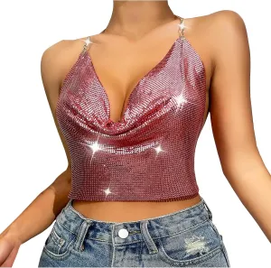 Sequin Crop Tank Tops Womens Sexy Deep V Backless Halter Chain Cami Tops Shiny Rhinestone Camisole for Party Night Club