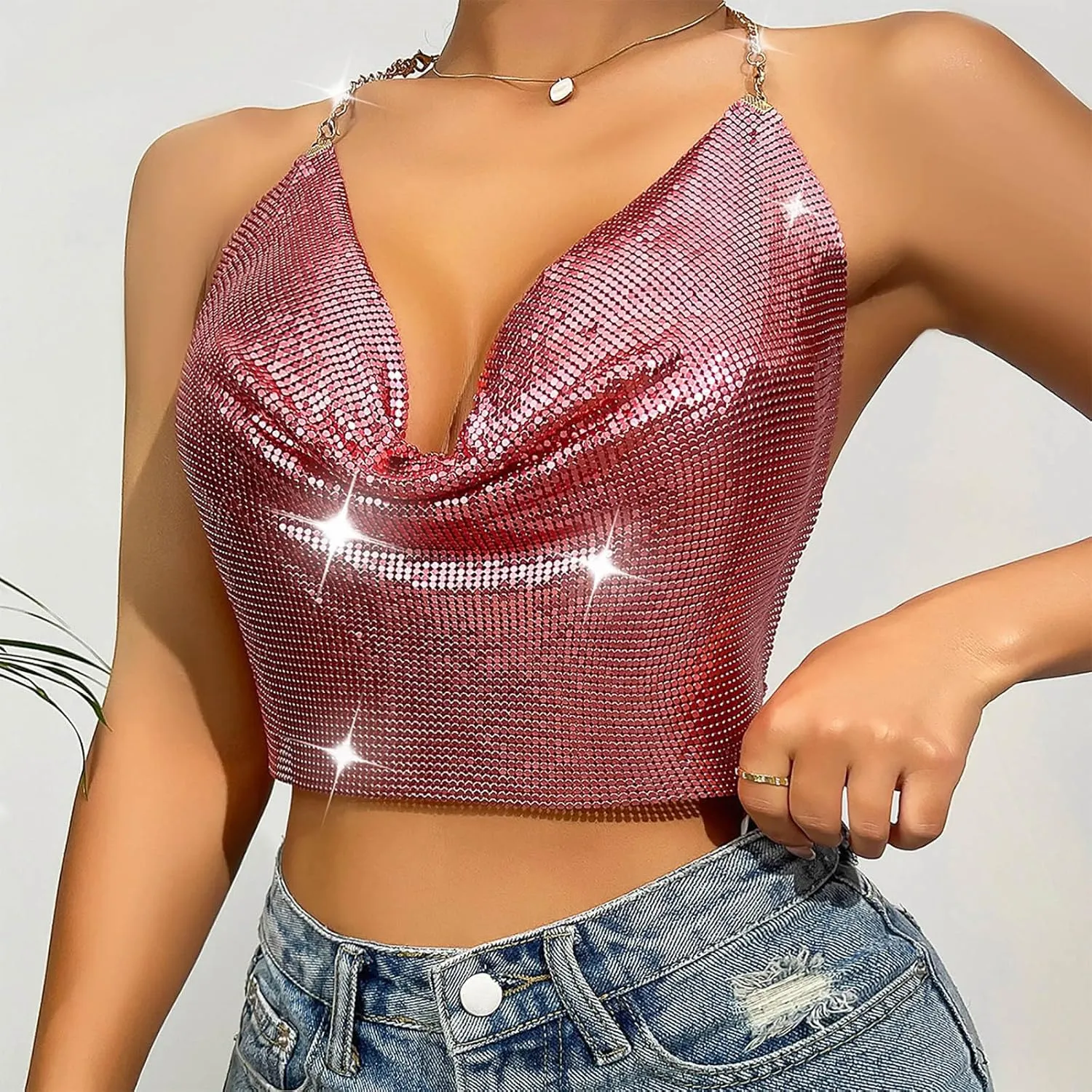 Sequin Crop Tank Tops Womens Sexy Deep V Backless Halter Chain Cami Tops Shiny Rhinestone Camisole for Party Night Club