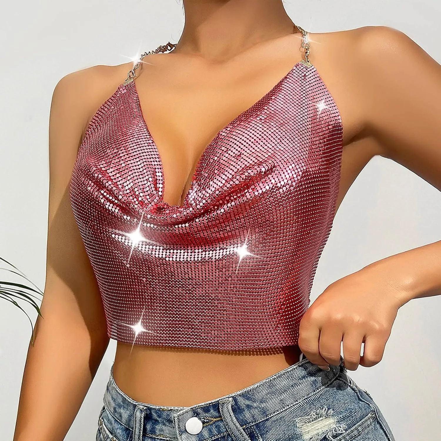 Sequin Crop Tank Tops Womens Sexy Deep V Backless Halter Chain Cami Tops Shiny Rhinestone Camisole for Party Night Club