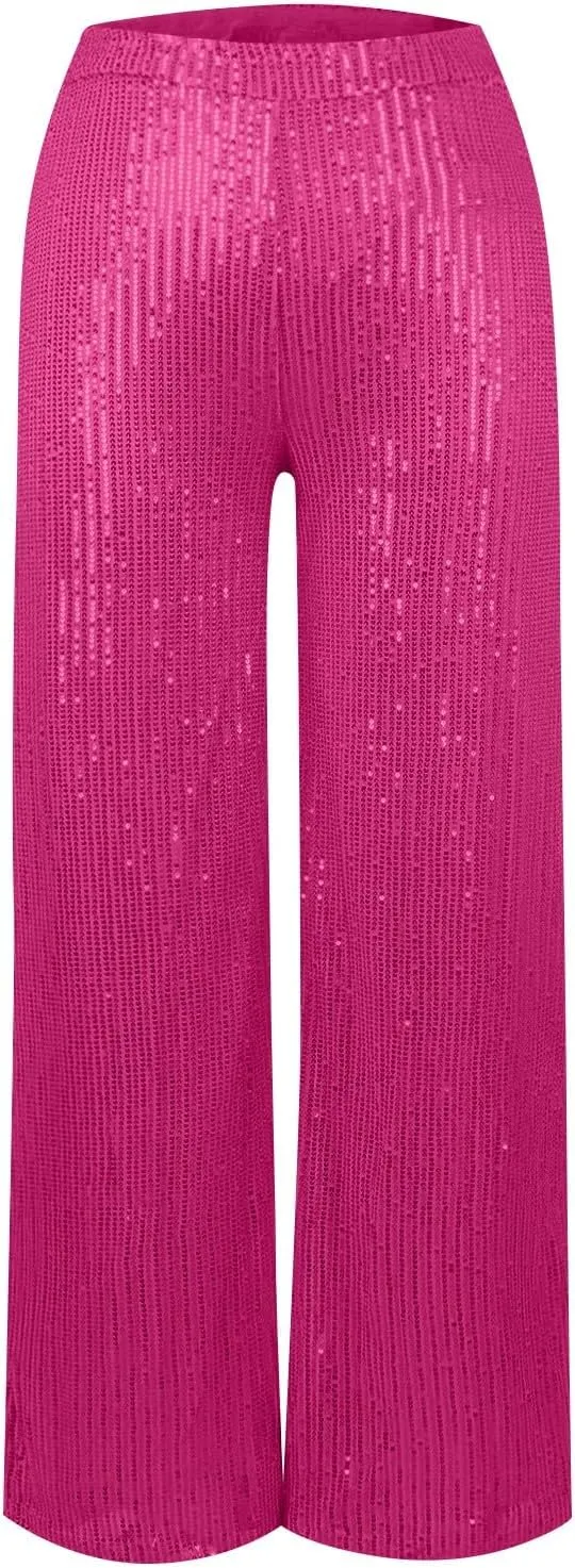 Sequin Pants Women Fashion High Waist Pant Sparkly Wide Leg Trousers Elastic Loose Side Zipper Shiny Pants