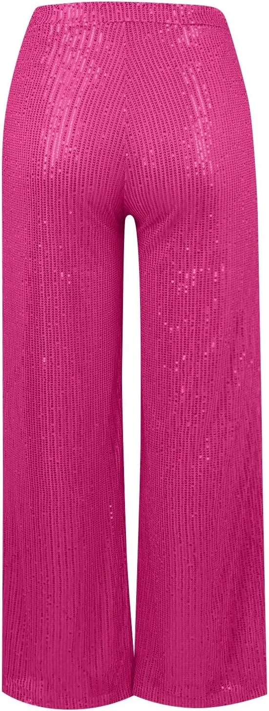 Sequin Pants Women Fashion High Waist Pant Sparkly Wide Leg Trousers Elastic Loose Side Zipper Shiny Pants