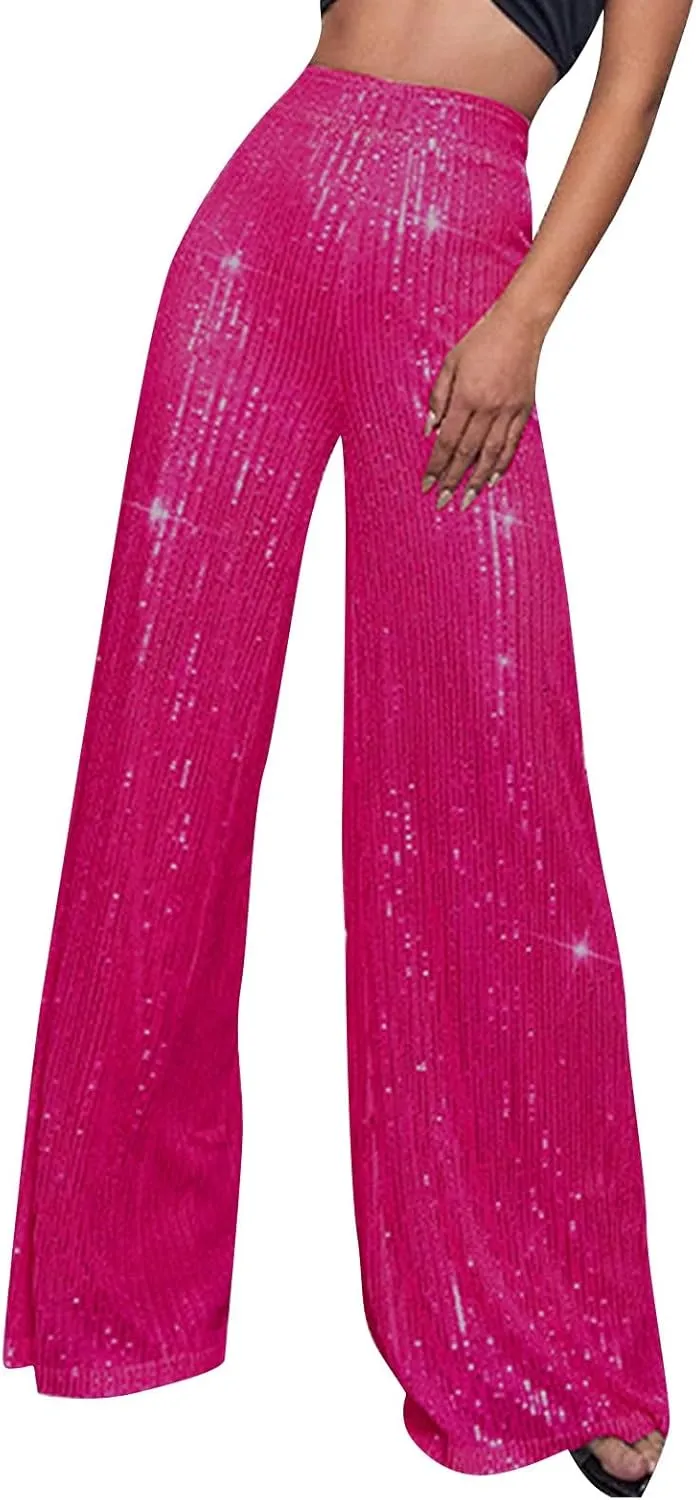 Sequin Pants Women Fashion High Waist Pant Sparkly Wide Leg Trousers Elastic Loose Side Zipper Shiny Pants