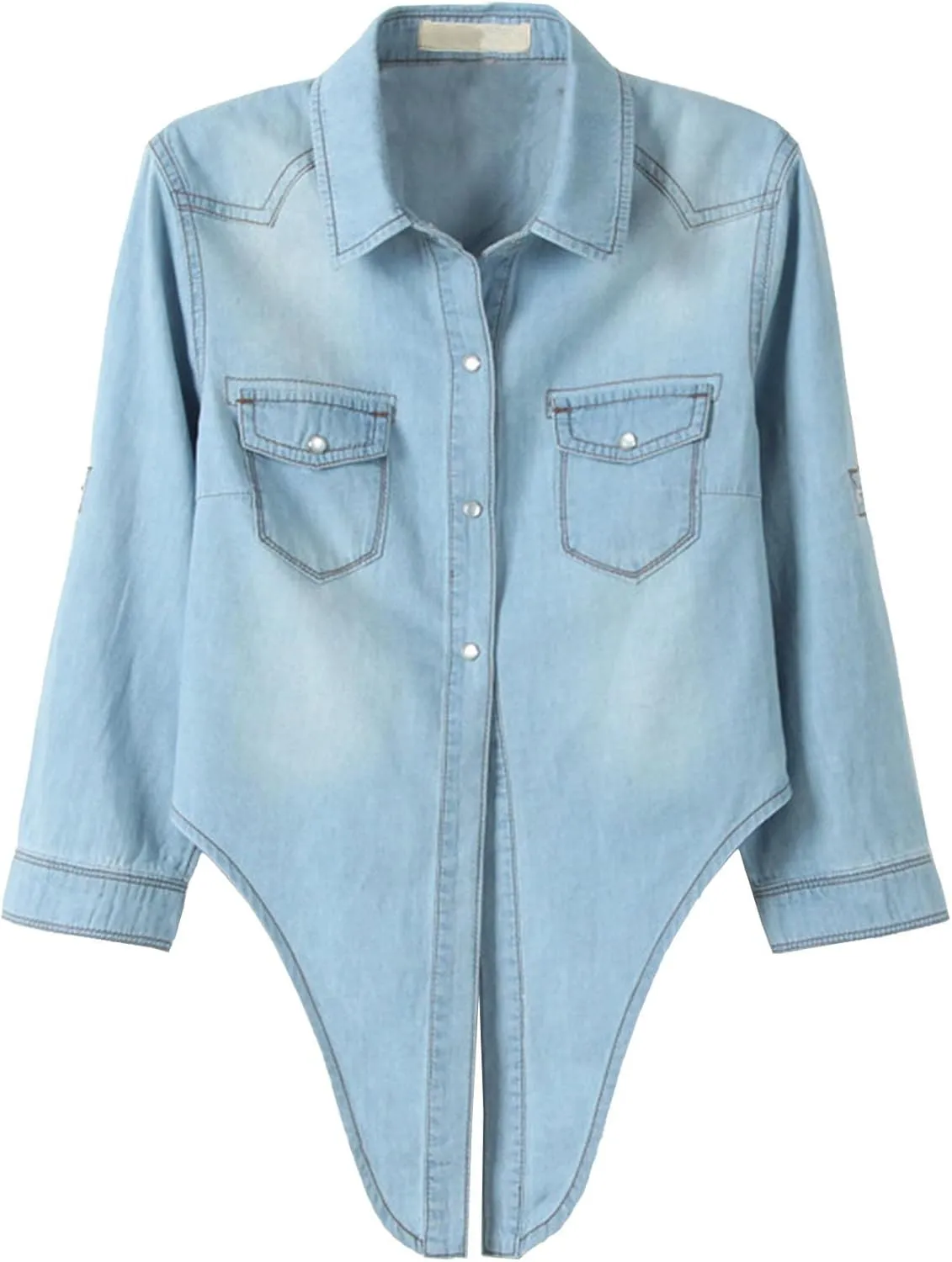 Sexyshine Women's 3/4 Sleeve Knot Tie Front Cropped Denim Blouse Shirt Lapel Button Down Short Jean Shirt Cardigan Top