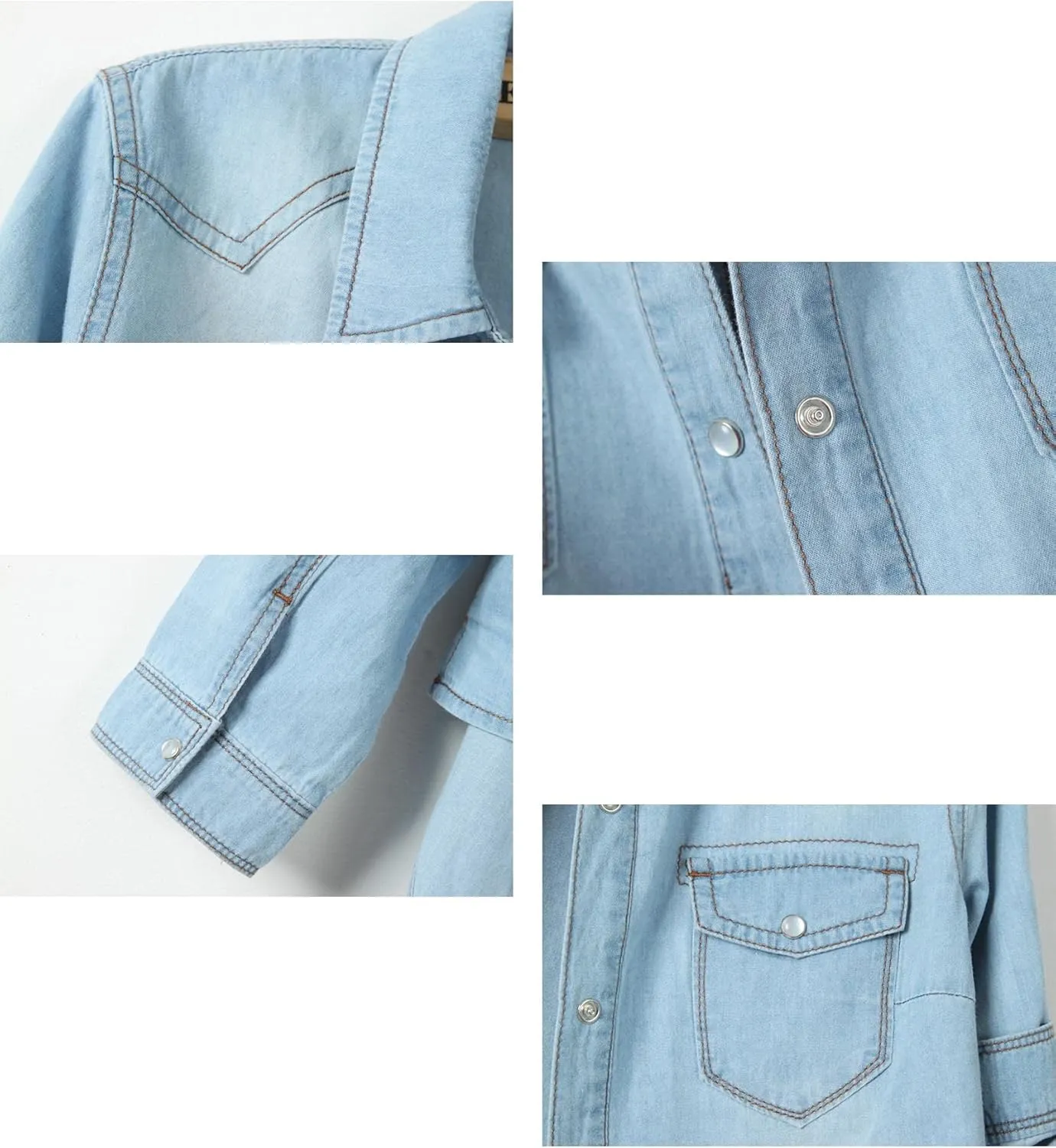 Sexyshine Women's 3/4 Sleeve Knot Tie Front Cropped Denim Blouse Shirt Lapel Button Down Short Jean Shirt Cardigan Top