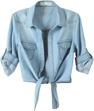 Sexyshine Women's 3/4 Sleeve Knot Tie Front Cropped Denim Blouse Shirt Lapel Button Down Short Jean Shirt Cardigan Top