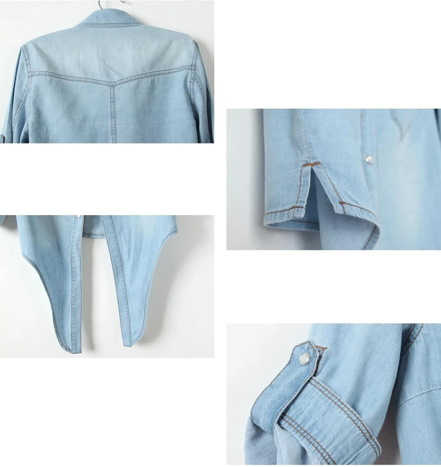 Sexyshine Women's 3/4 Sleeve Knot Tie Front Cropped Denim Blouse Shirt Lapel Button Down Short Jean Shirt Cardigan Top