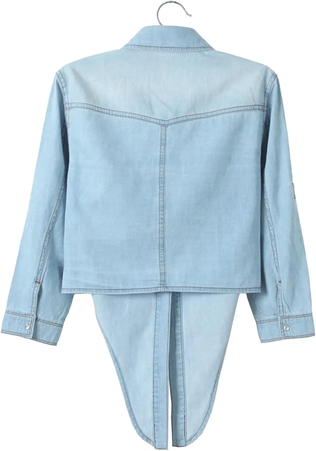 Sexyshine Women's 3/4 Sleeve Knot Tie Front Cropped Denim Blouse Shirt Lapel Button Down Short Jean Shirt Cardigan Top