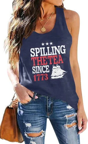SFHFY Spilling The Tea Tank Top for Women 4th of July Tank Top Patriotic Sleeveless T-Shirt Summer American Racerback Tee
