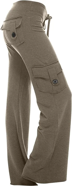 SHOPESSA Wide Leg Cargo Pants for Women High Rise Yoga Leggings with Pockets Plus Size Y2K Drawstring Straight Leg Pants