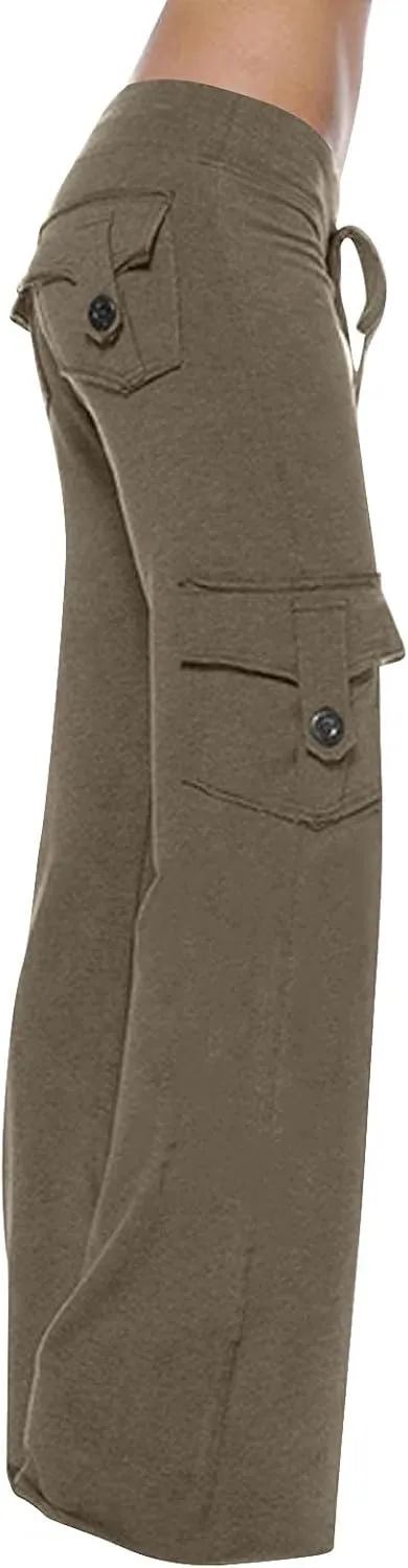 SHOPESSA Wide Leg Cargo Pants for Women High Rise Yoga Leggings with Pockets Plus Size Y2K Drawstring Straight Leg Pants