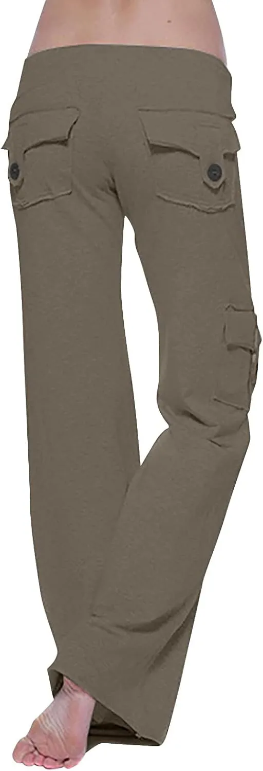 SHOPESSA Wide Leg Cargo Pants for Women High Rise Yoga Leggings with Pockets Plus Size Y2K Drawstring Straight Leg Pants