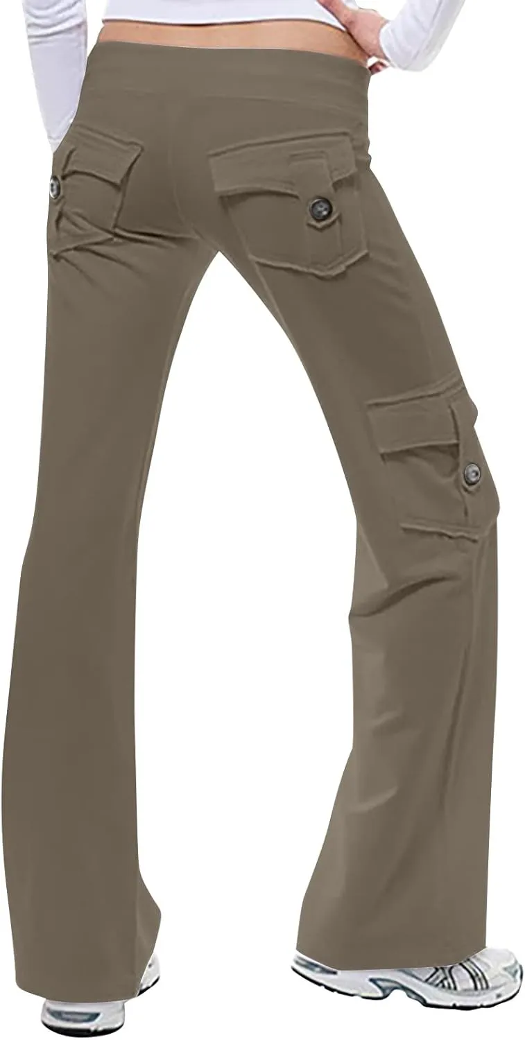 SHOPESSA Wide Leg Cargo Pants for Women High Rise Yoga Leggings with Pockets Plus Size Y2K Drawstring Straight Leg Pants
