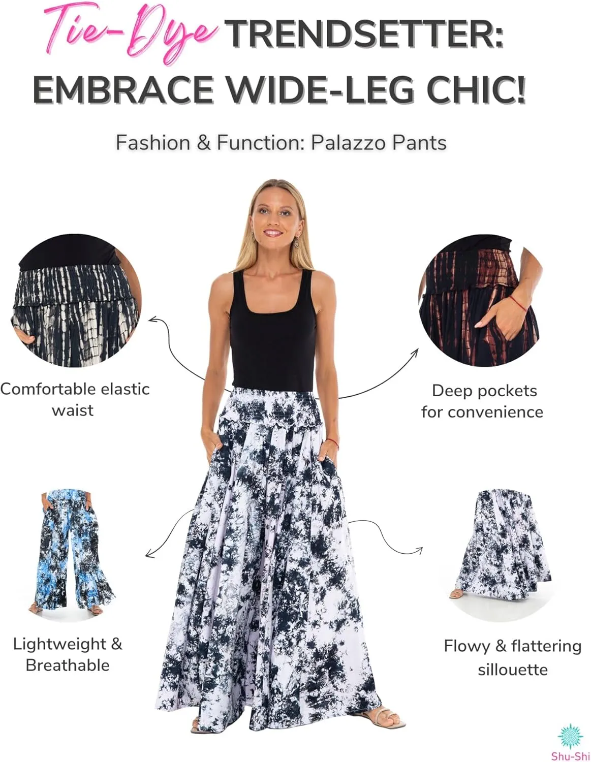 SHU-SHI Womens Palazzo Flowy Summer Pants Wide Leg Lounge Trousers Elastic Waist Side Pockets