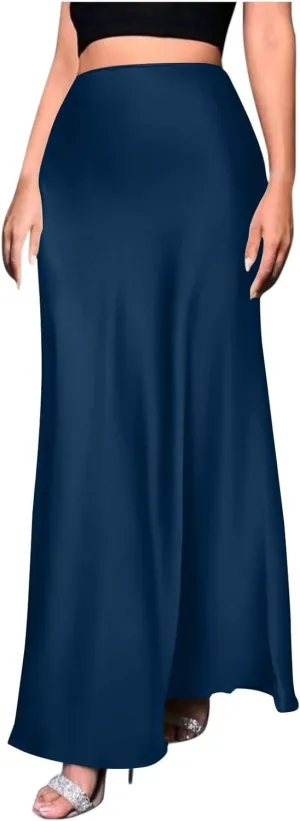 Silk Satin Maxi Skirt for Women Solid Fashion Elegant High Waisted Skirts Summer Cocktail Party Wedding A Line Skort