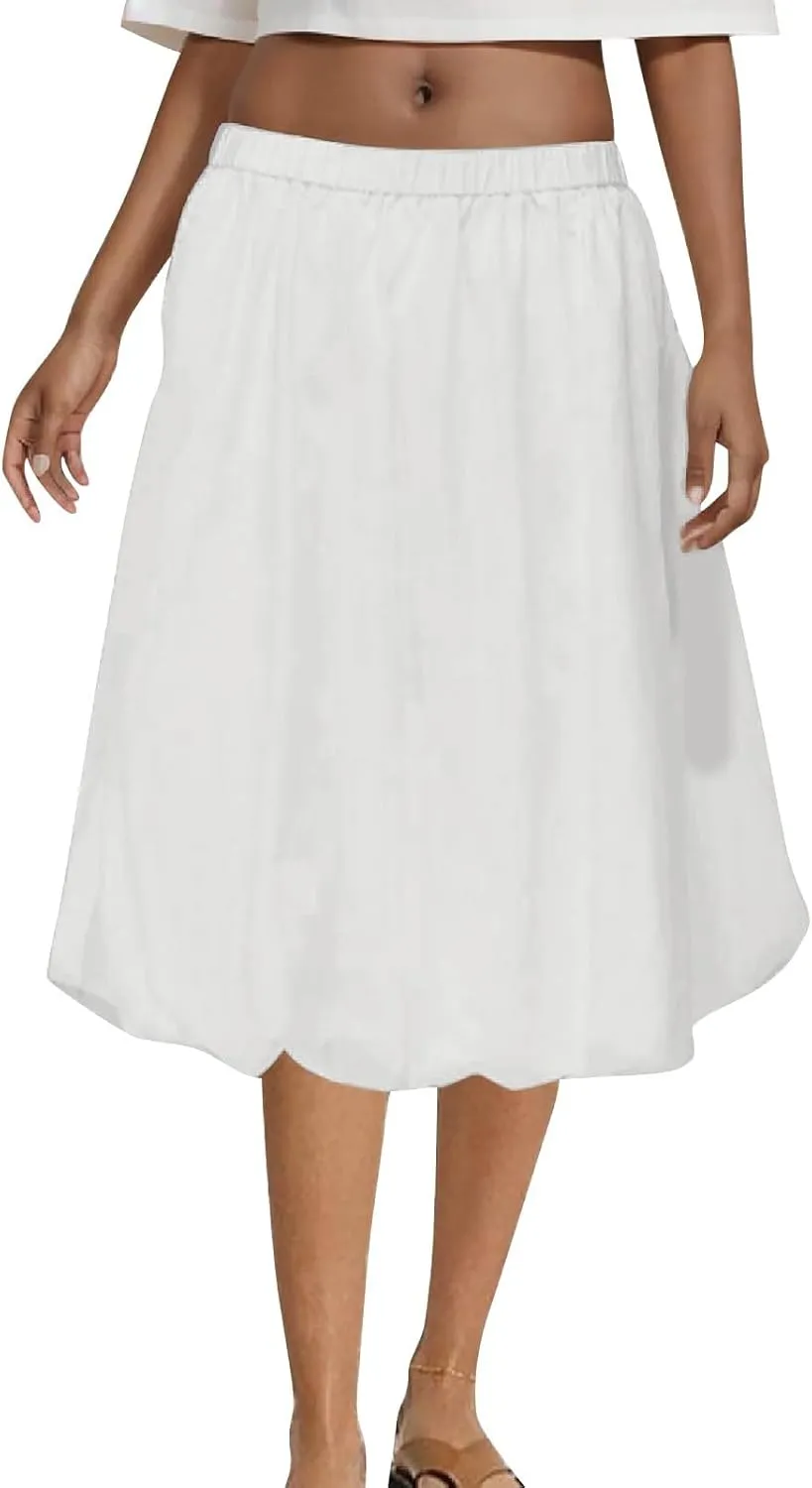 Skirt Women Elastic Waist Pure Casual Skirts Summer Trending Boho Vacation Skirts Puffy Baggy Ruched Skirt