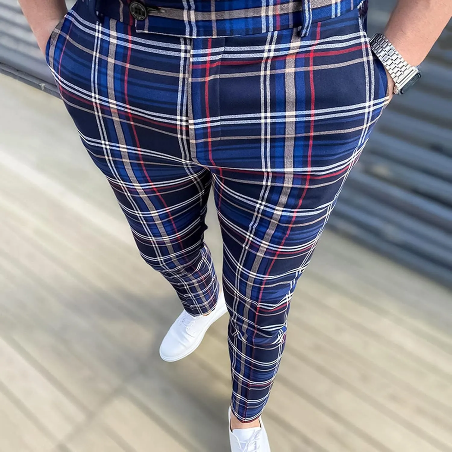 Slim Fit Dress Pants for Men Plaid Striped Skinny Ankle Length Pencil Pants Casual Flat-Front Stretch Suit Pants