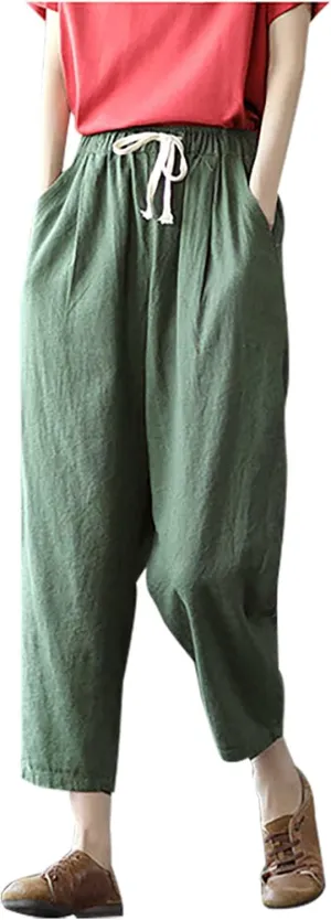 SMIDOW Cotton Linen Cropped Pants for Women Casual Straight Leg Drawstring Elastic Waist Capris Loose Lounge Trousers