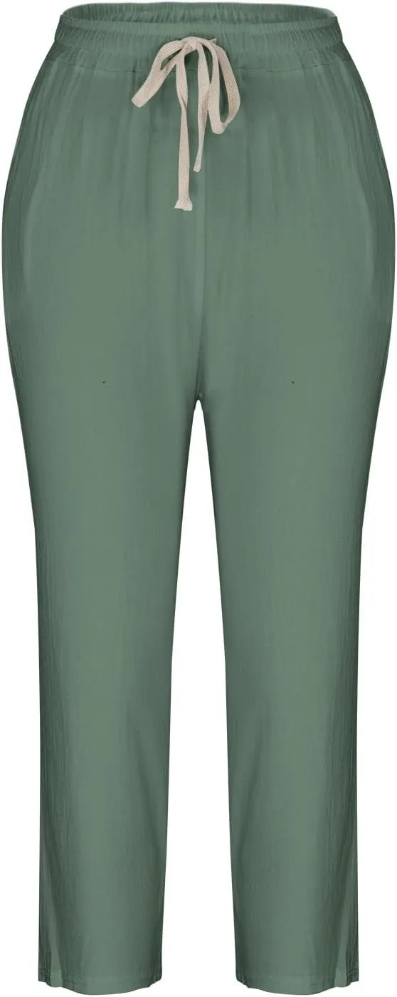 SMIDOW Cotton Linen Cropped Pants for Women Casual Straight Leg Drawstring Elastic Waist Capris Loose Lounge Trousers