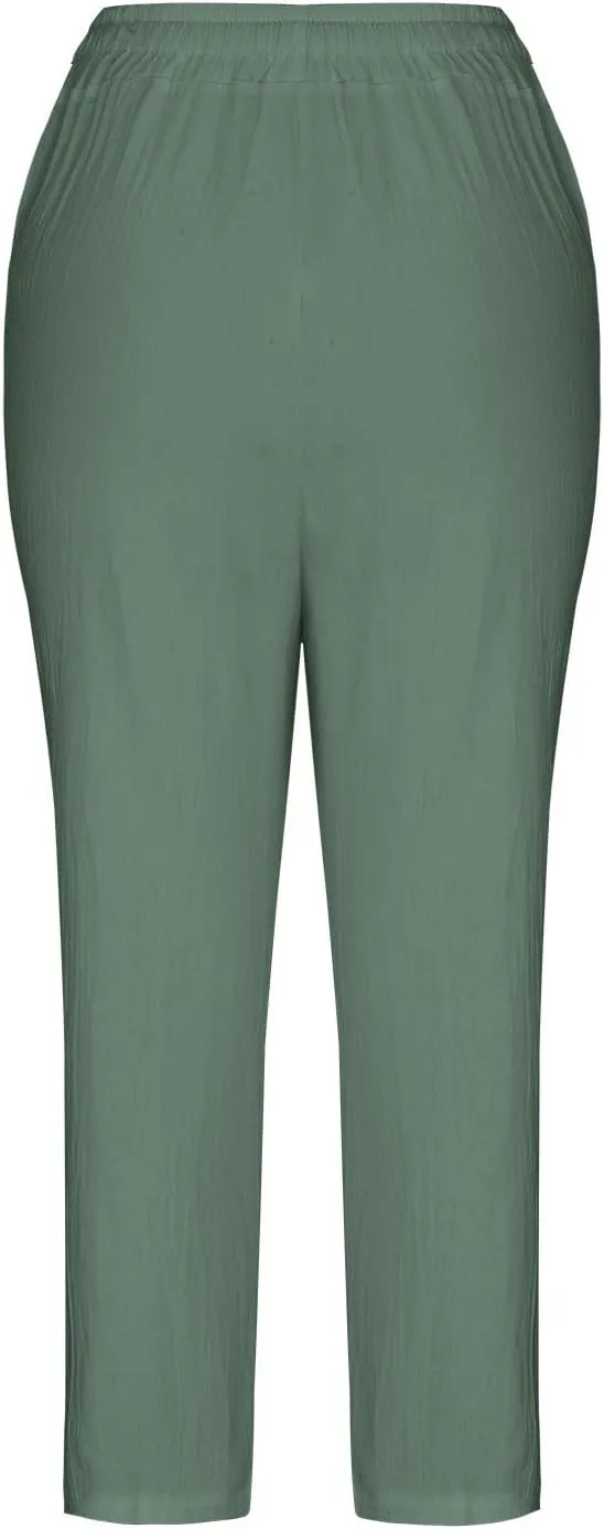 SMIDOW Cotton Linen Cropped Pants for Women Casual Straight Leg Drawstring Elastic Waist Capris Loose Lounge Trousers