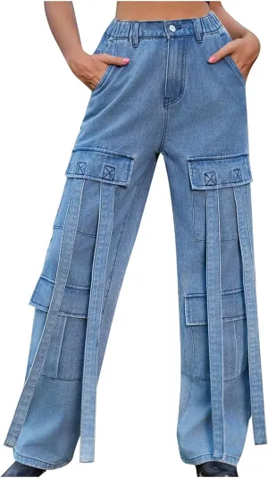 SMIDOW Women's High Waist Straight Leg Jeans Cargo Pants Casual Wide Legged Denim Pants y2k Streetwear Trousers