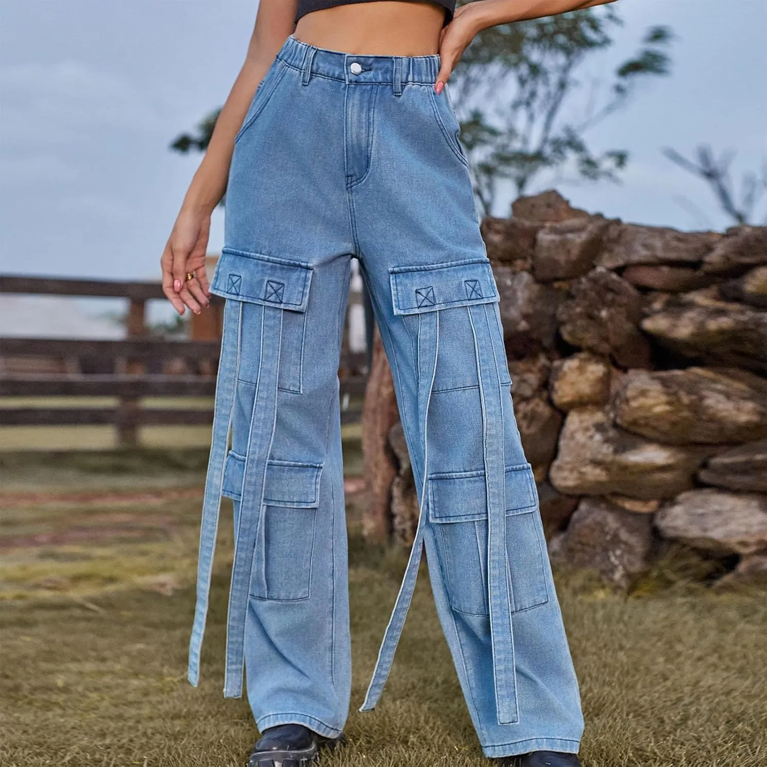 SMIDOW Women's High Waist Straight Leg Jeans Cargo Pants Casual Wide Legged Denim Pants y2k Streetwear Trousers