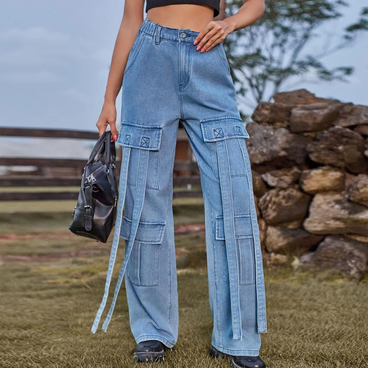 SMIDOW Women's High Waist Straight Leg Jeans Cargo Pants Casual Wide Legged Denim Pants y2k Streetwear Trousers