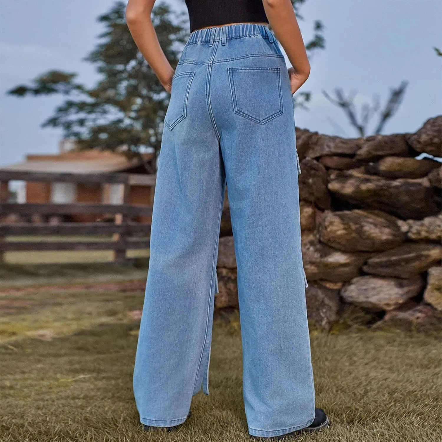 SMIDOW Women's High Waist Straight Leg Jeans Cargo Pants Casual Wide Legged Denim Pants y2k Streetwear Trousers