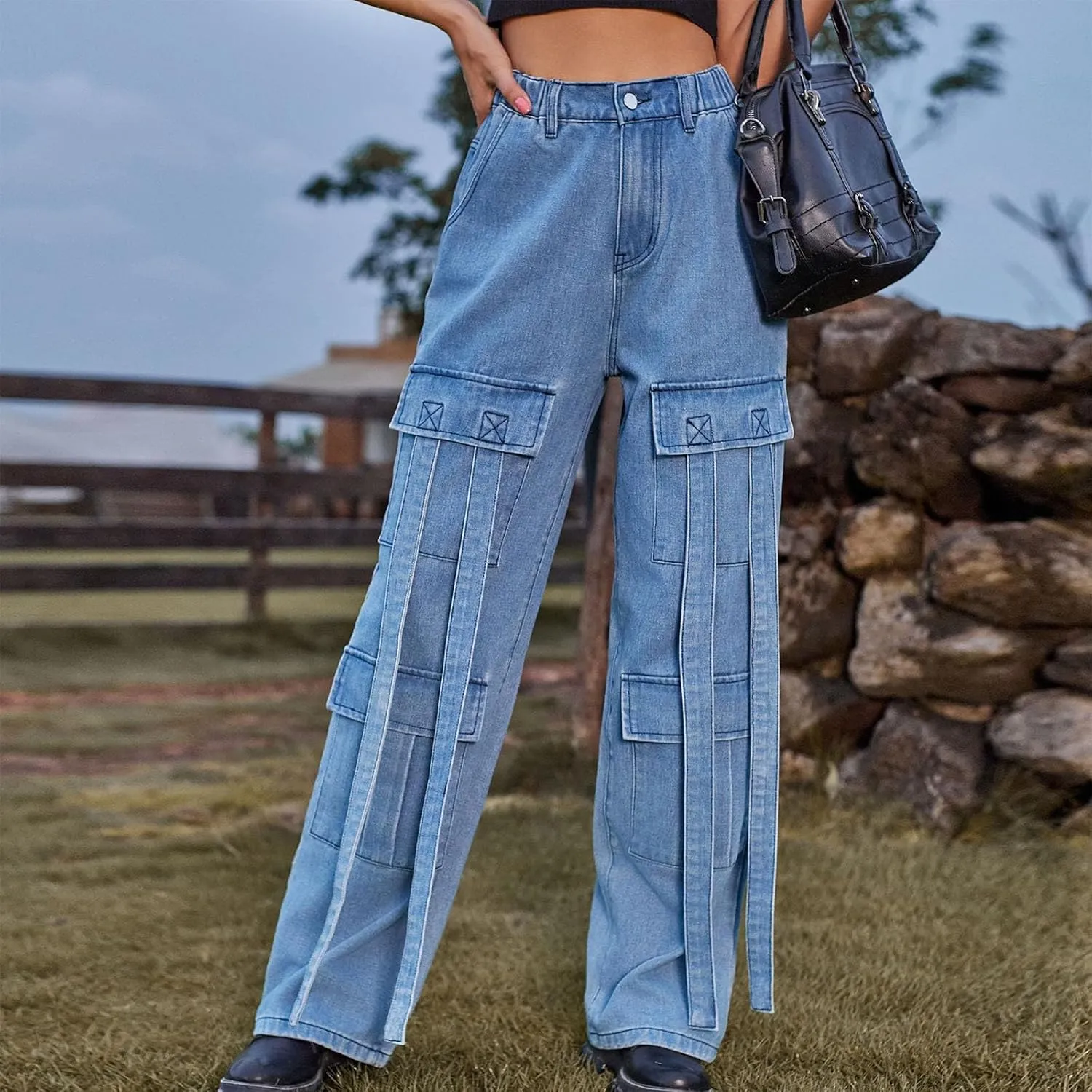 SMIDOW Women's High Waist Straight Leg Jeans Cargo Pants Casual Wide Legged Denim Pants y2k Streetwear Trousers