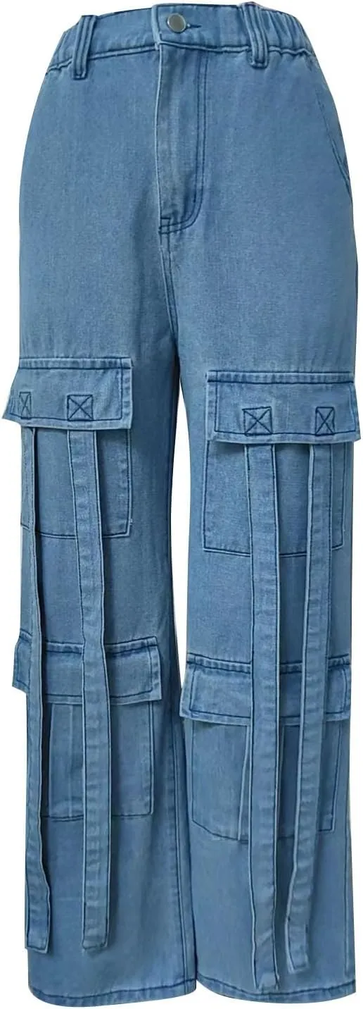 SMIDOW Women's High Waist Straight Leg Jeans Cargo Pants Casual Wide Legged Denim Pants y2k Streetwear Trousers