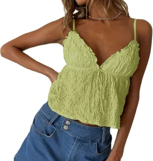 Spaghetti Strap Ruched Camisole for Women Y2K Tie Front Peplum Cami Top Deep V Neck Sleeveless Crop Tank Top Clubwear