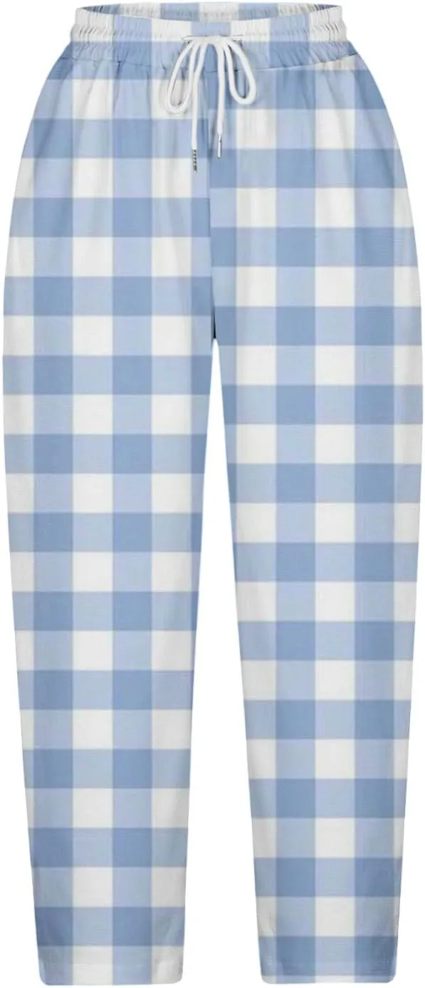 Stripe Color Block Capri Pants for Women Casual Straight Leg Capri Pants Drawstring Elastic Waist Cropped Trousers