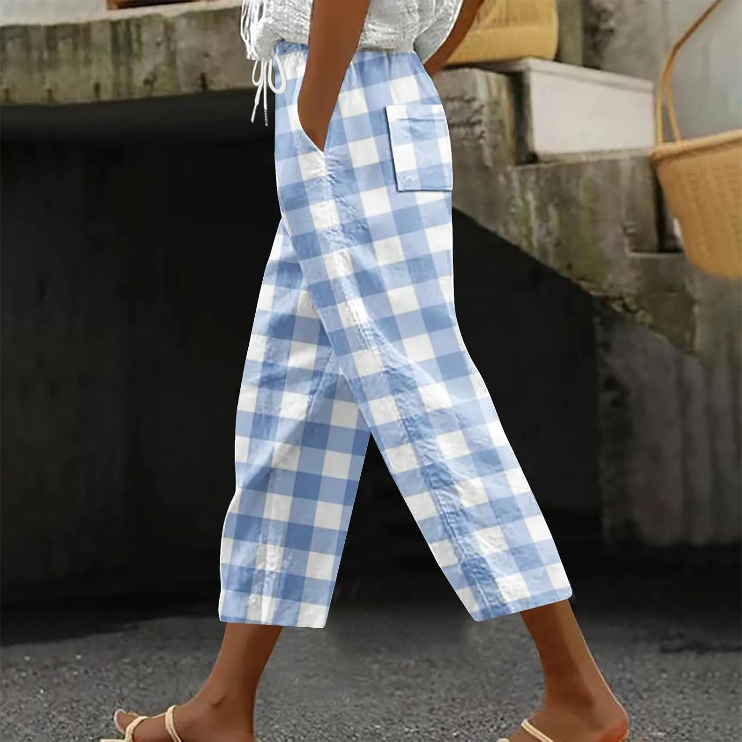 Stripe Color Block Capri Pants for Women Casual Straight Leg Capri Pants Drawstring Elastic Waist Cropped Trousers