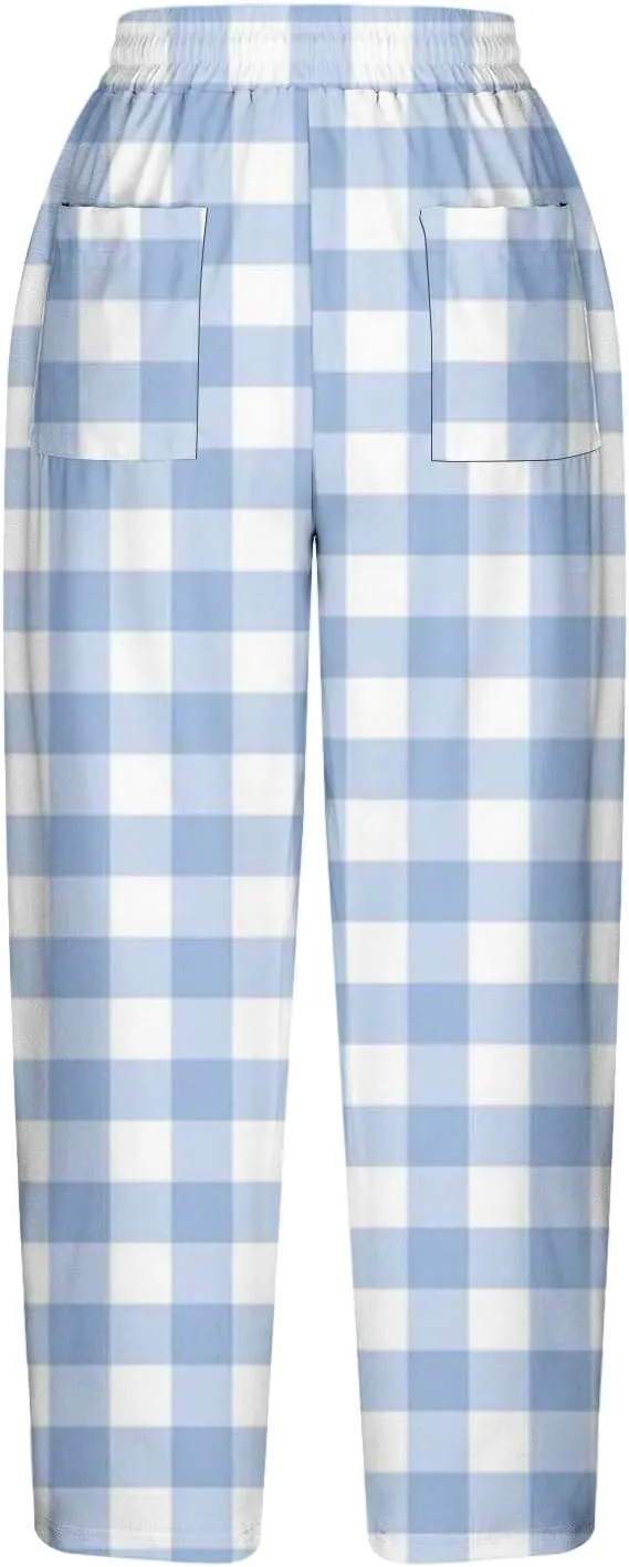 Stripe Color Block Capri Pants for Women Casual Straight Leg Capri Pants Drawstring Elastic Waist Cropped Trousers