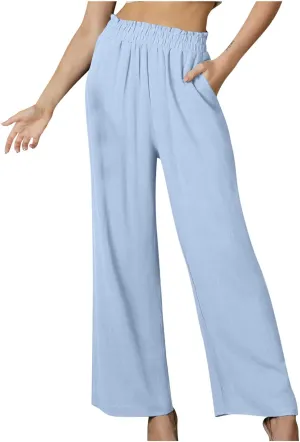 Summer High Waisted Trousers for Women Casual Cotton Linen Palazzo Pants Wide Leg Long Lounge Trousers with Pockets