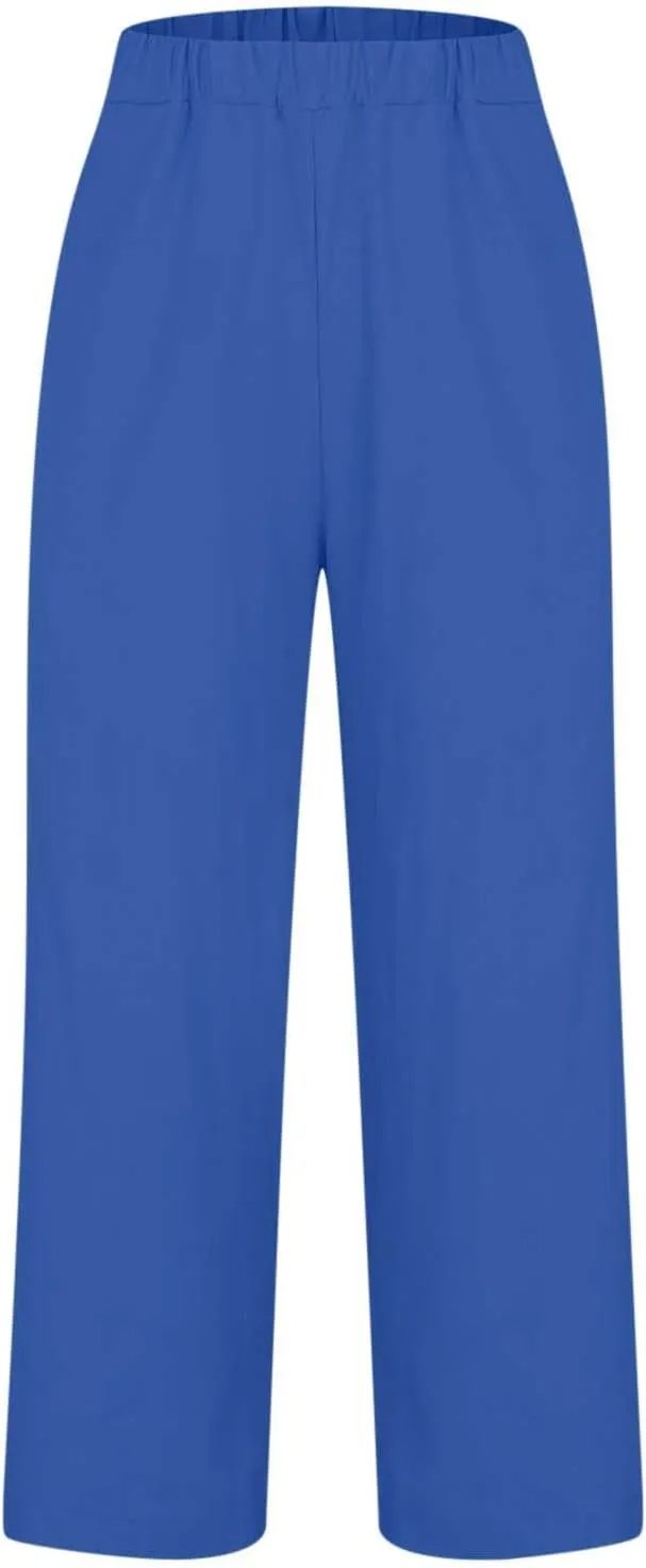 Summer Linen Pants for Women, Elastic High Waist Wide Leg Slacks Cotton Linen Straight Palazzo Trousers with Pockets