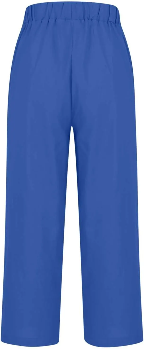 Summer Linen Pants for Women, Elastic High Waist Wide Leg Slacks Cotton Linen Straight Palazzo Trousers with Pockets