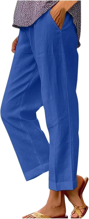 Summer Linen Pants for Women, Elastic High Waist Wide Leg Slacks Cotton Linen Straight Palazzo Trousers with Pockets