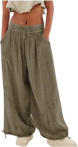 Summer Palazzo Pants for Women Fashion 2025 Cotton Linen Wide Leg Flowy Pants Solid Lightweight Casual Baggy Trousers