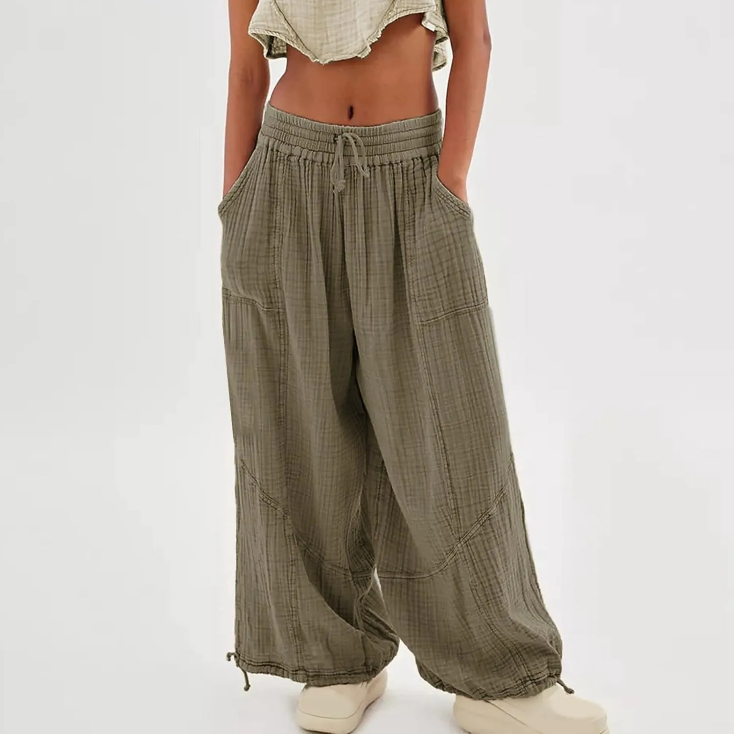 Summer Palazzo Pants for Women Fashion 2025 Cotton Linen Wide Leg Flowy Pants Solid Lightweight Casual Baggy Trousers