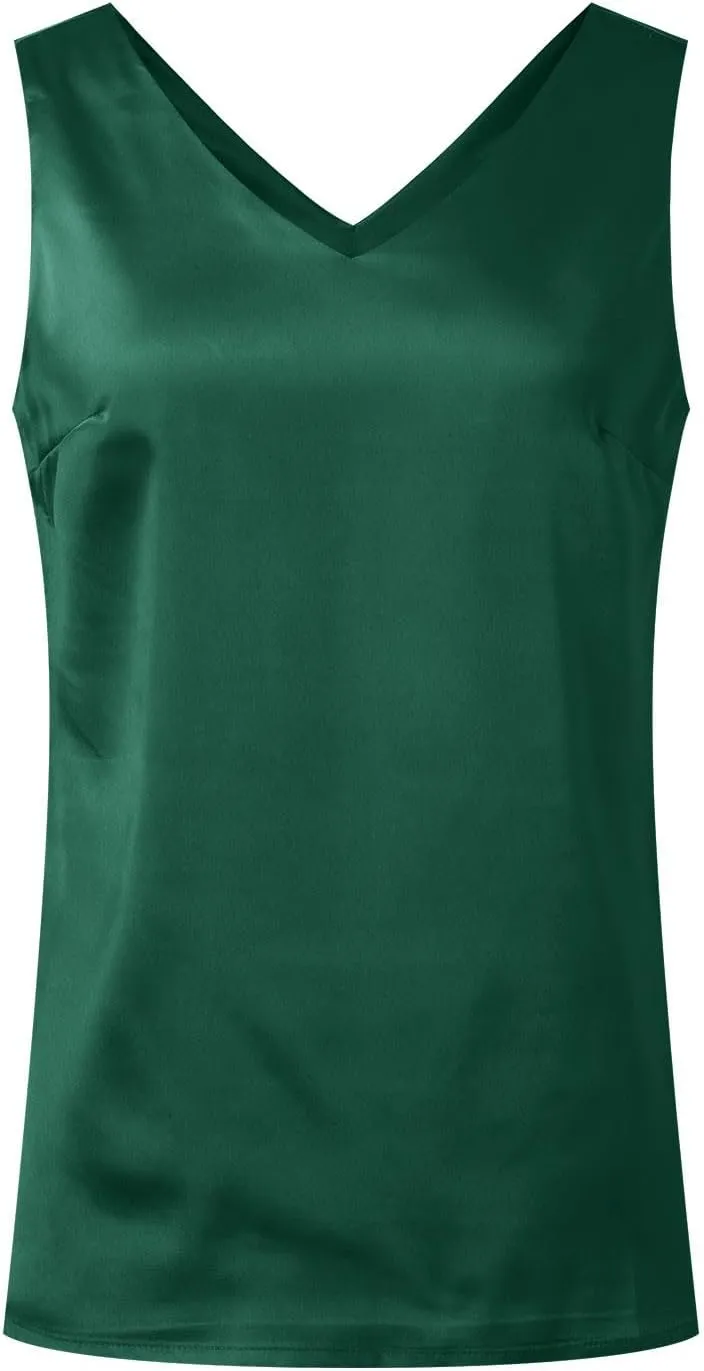 Summer Satin Tank Tops for Women Business Cami Camisole Blouse Shirt Solid Color Loose Fit Sleeveless V Neck Tank Shirt
