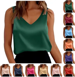 Summer Satin Tank Tops for Women Business Cami Camisole Blouse Shirt Solid Color Loose Fit Sleeveless V Neck Tank Shirt