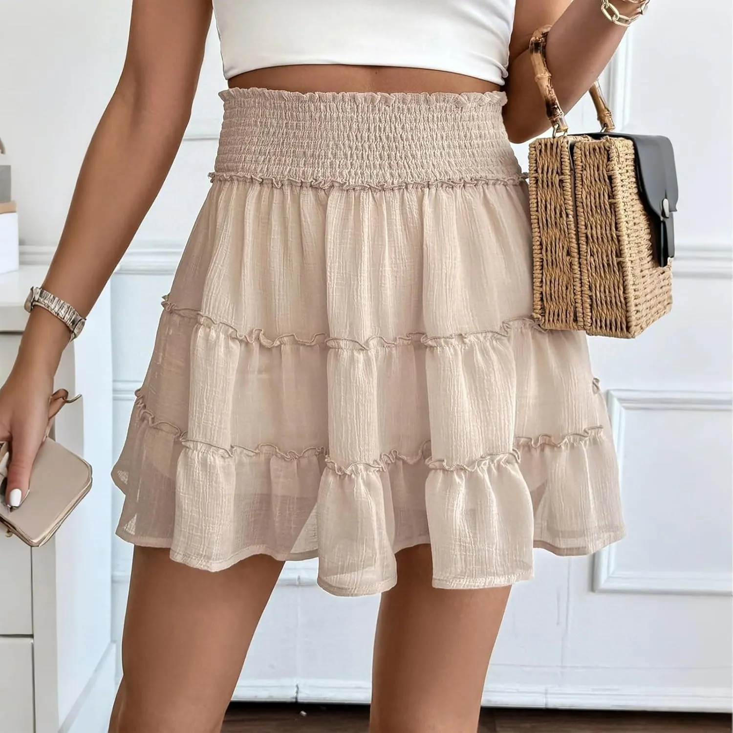 Summer Skirts for Women 2025 Cute High Waisted Tiered Ruffle Short Skirt Flowy Beach Chiffon Mini Skirts with Shorts