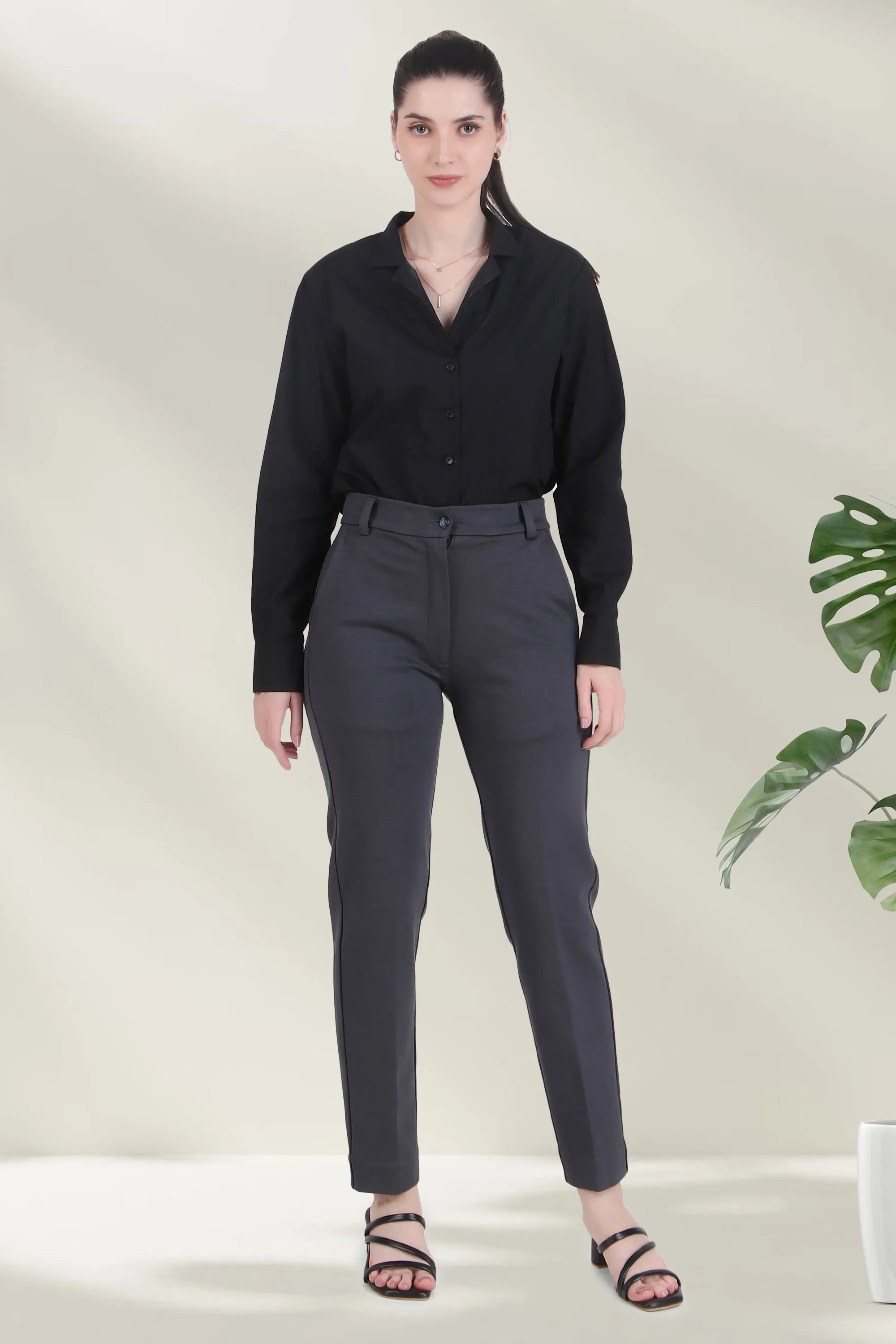 Tapered Fit Stretch Pants (High Rise), Gray