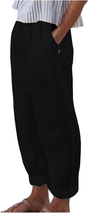 TARIENDY Women's Casual Pants Summer Trendy Elastic Waist Pant Straight Leg Baggy Trousers Vacation Outfits with Pockets