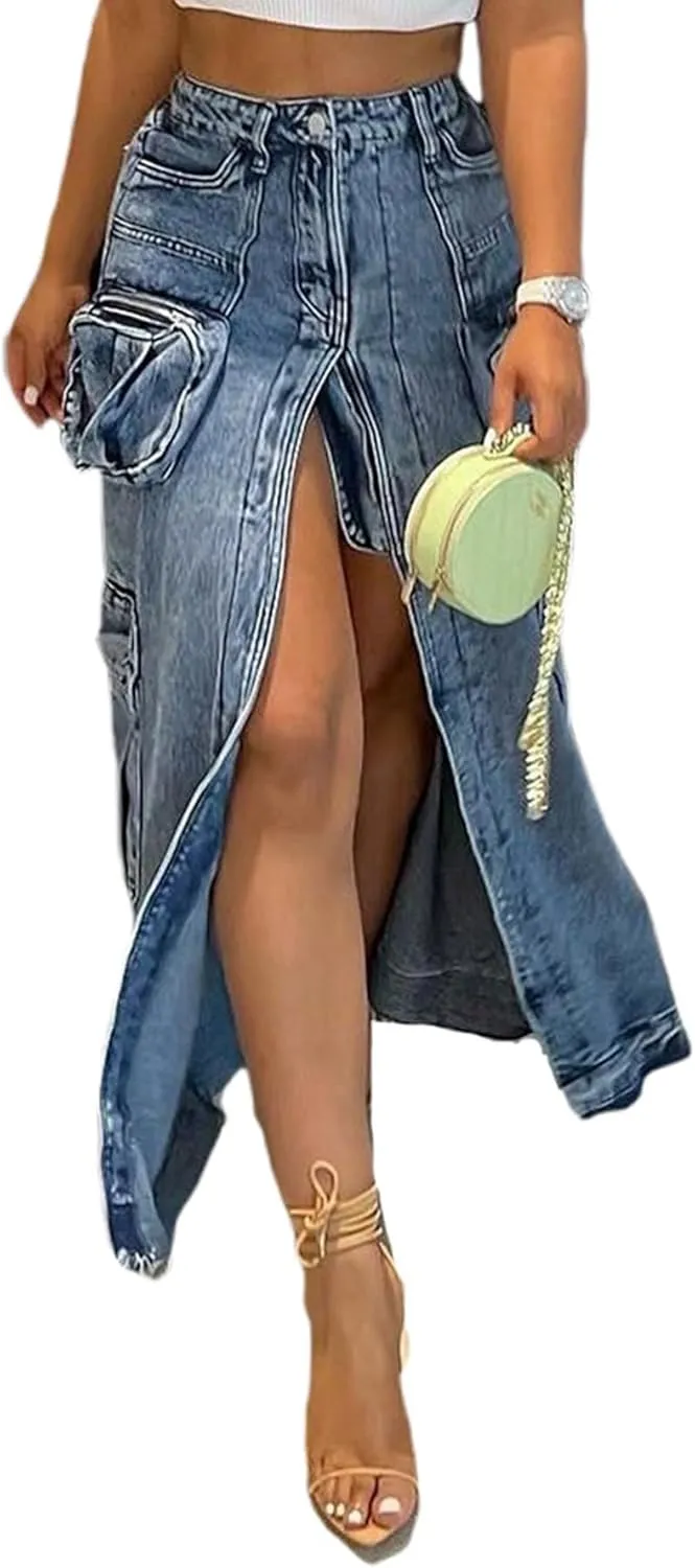 Tcremisa Womens Sexy Cargo Denim Skirt Stretchy High Waist Split Bodycon Midi Skirts Multi Pockets