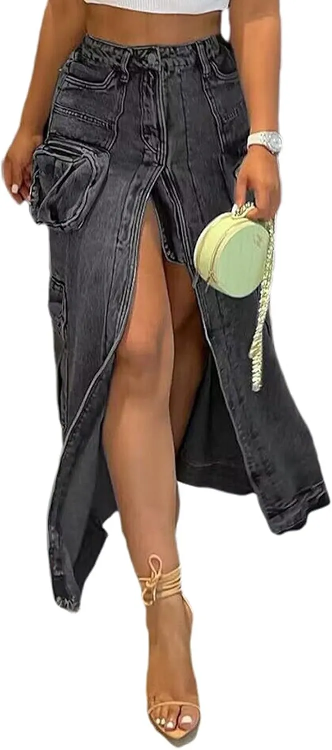 Tcremisa Womens Sexy Cargo Denim Skirt Stretchy High Waist Split Bodycon Midi Skirts Multi Pockets