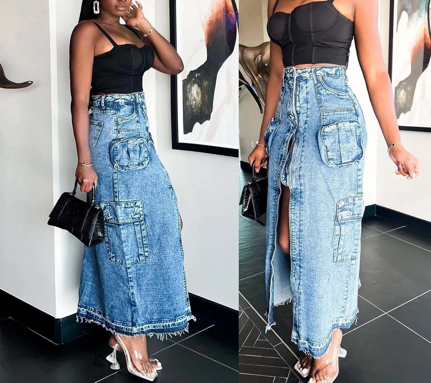 Tcremisa Womens Sexy Cargo Denim Skirt Stretchy High Waist Split Bodycon Midi Skirts Multi Pockets