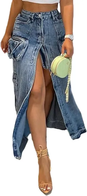 Tcremisa Womens Sexy Cargo Denim Skirt Stretchy High Waist Split Bodycon Midi Skirts Multi Pockets