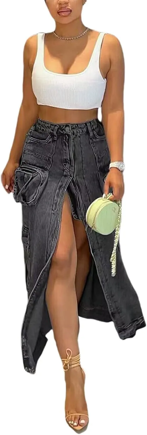 Tcremisa Womens Sexy Cargo Denim Skirt Stretchy High Waist Split Bodycon Midi Skirts Multi Pockets