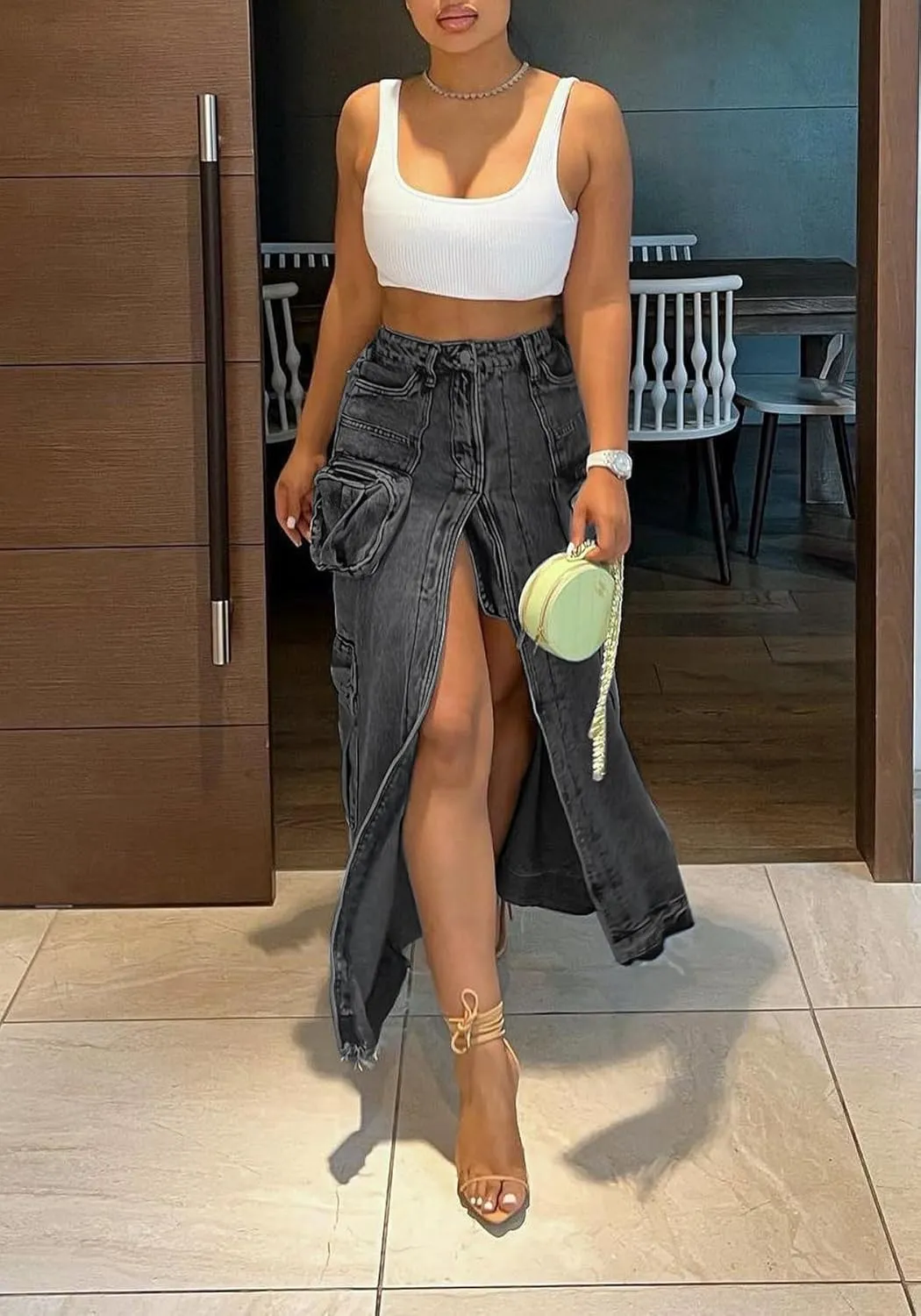 Tcremisa Womens Sexy Cargo Denim Skirt Stretchy High Waist Split Bodycon Midi Skirts Multi Pockets